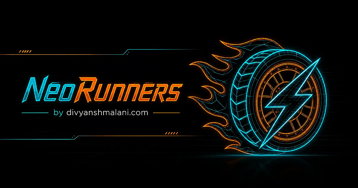 The Neo Runners wordmark next to a glowing blue and orange light cycle wheel trailing fire.